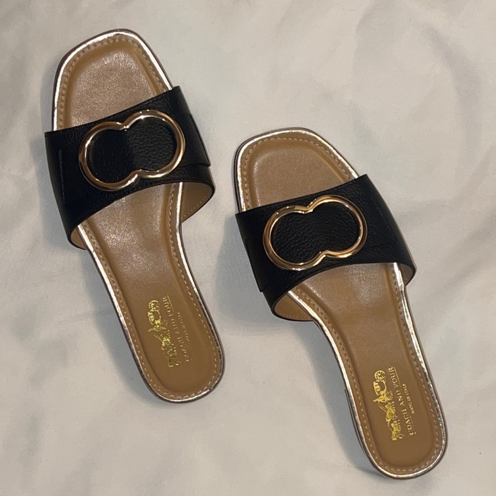 Coach Vince Black Leather Slide Sandals with Gold Accent NWOT